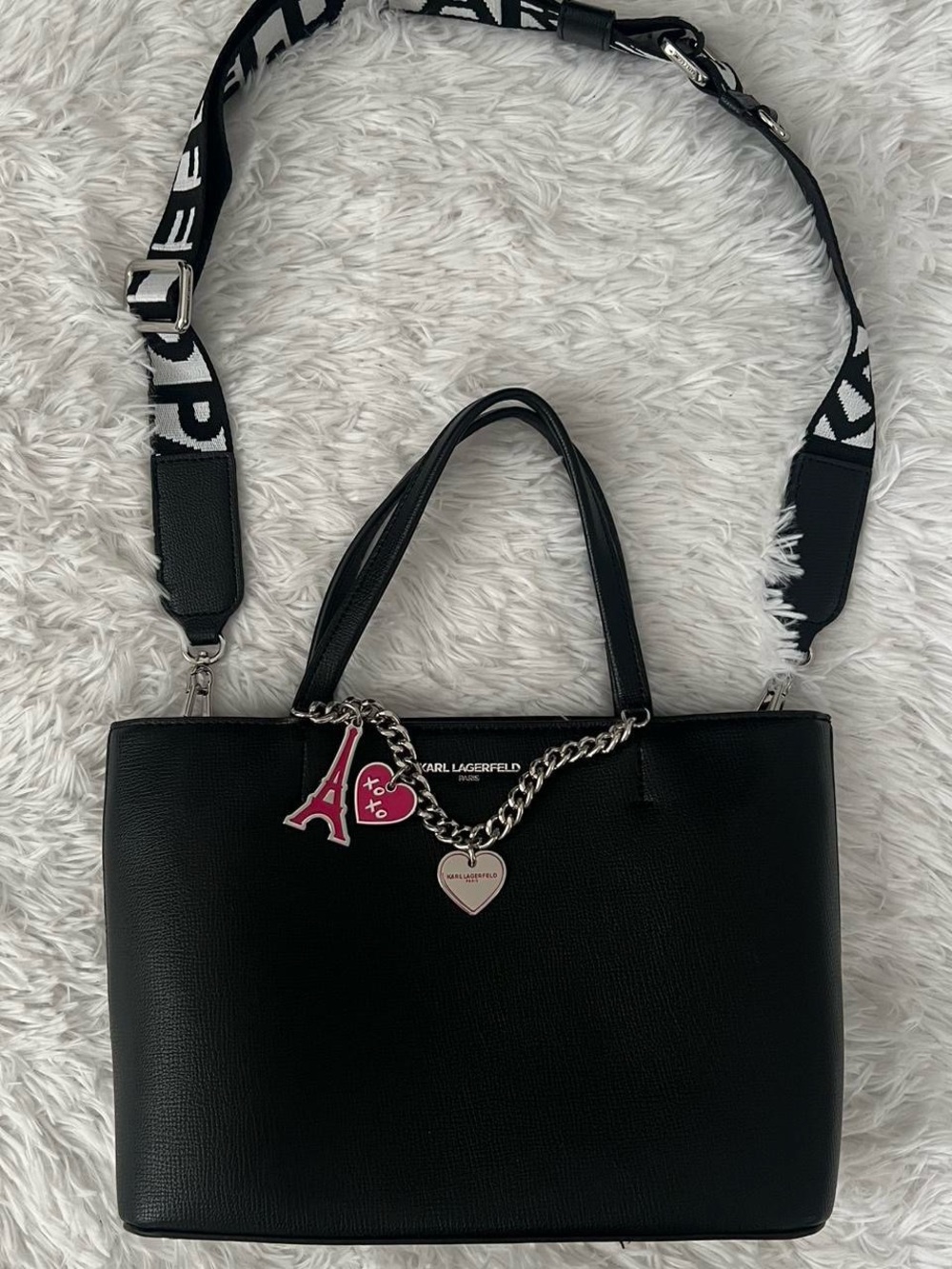 Karl Lagerfeld Black Satchel with Logo Strap and Charms